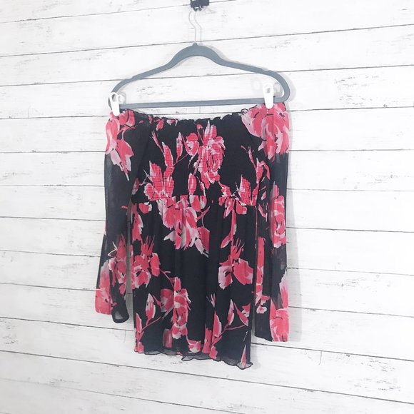 INC Black & Pink Floral Off The Shoulder Blouse - Picture 3 of 7